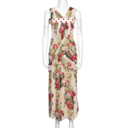 Beige Polka Textured Floral Print Silk Draped Maxi Dress