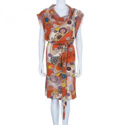 مملوكة مسبقًا فستان كينزو طباعة تجريدية مورد شيفون برتقالي  L