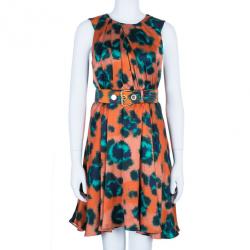Pre Owned Kenzo Orange Multicolor Print Belted Dress S