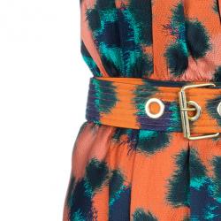 Pre Owned Kenzo Orange Multicolor Print Belted Dress S