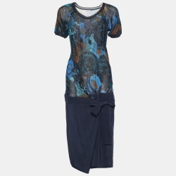 Floral Print Knit Bodice Faux Wrap Dress
