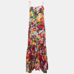Pre Owned Kenzo Multicolor Floral Print Silk Shoulder Strap Maxi Dress M
