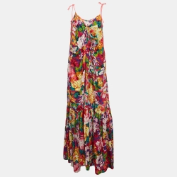 Multicolor Floral Print Silk Shoulder Strap Maxi Dress