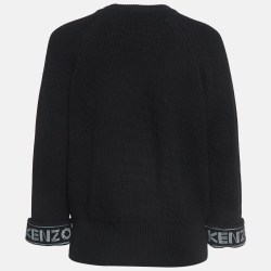 Pre Owned Kenzo Black Logo Intarsia Rib Knit Crew Neck Sweater M