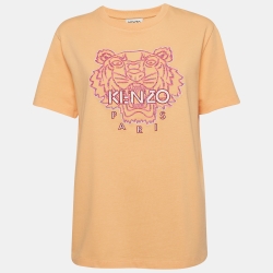 Pre Owned Kenzo Peach Pink Tiger Embroidered Cotton Crew Neck T-Shirt M