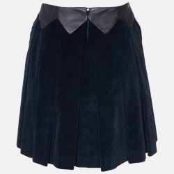 Pre Owned Kenzo Midnight Blue Checked Velvet Leather Trim Flared Skirt M