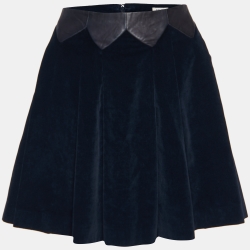 Midnight Blue Checked Leather Trim Flared Skirt