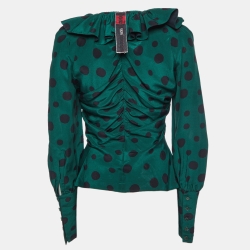 Pre Owned Kenzo Green Polka Dot Print Silk Ruffled Blouse M