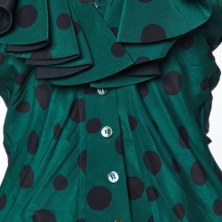Pre Owned Kenzo Green Polka Dot Print Silk Ruffled Blouse M