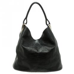 Pre Owned Kenzo Black Croc Embossed Leather Hobo