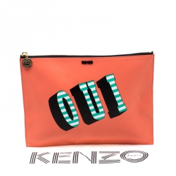 Pre Owned Kenzo Coral Orange Leather Oui & Non Clutch