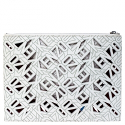 Pre Owned Kenzo White Cut Flying Leather Logo Zip Pouch