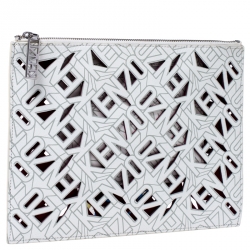 Pre Owned Kenzo White Cut Flying Leather Logo Zip Pouch