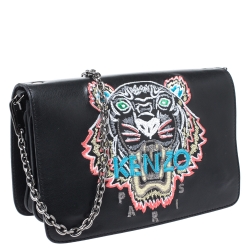 Pre Owned Kenzo Black Leather Embroidered Tiger Shoulder Bag