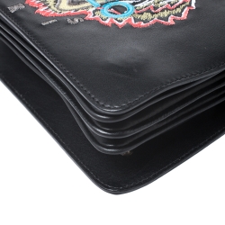 Pre Owned Kenzo Black Leather Embroidered Tiger Shoulder Bag