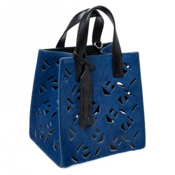Pre Owned Kenzo Blue/Black Cut Out Calfhair and Leather Small Tote
