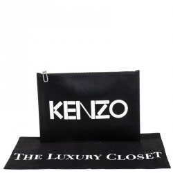 Pre Owned Kenzo Black Leather Logo Zip Clutch