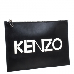 Pre Owned Kenzo Black Leather Logo Zip Clutch
