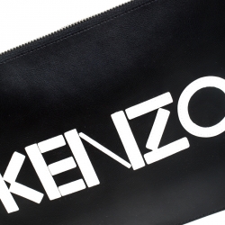 Pre Owned Kenzo Black Leather Logo Zip Clutch