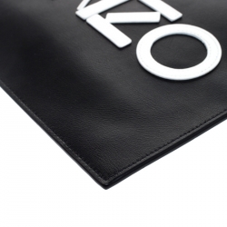 Pre Owned Kenzo Black Leather Logo Zip Clutch