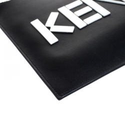 Pre Owned Kenzo Black Leather Logo Zip Clutch