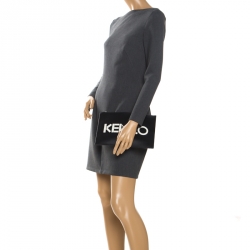 Pre Owned Kenzo Black Leather Logo Zip Clutch