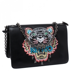 Pre Owned Kenzo Black Leather Embroidered Tiger Shoulder Bag