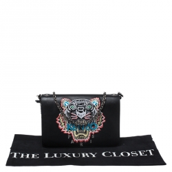 Pre Owned Kenzo Black Leather Embroidered Tiger Shoulder Bag