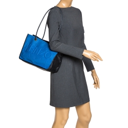 Pre Owned Kenzo Blue/Black Perforated Fabric and Leather Shopper Tote