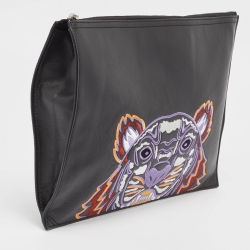 Pre Owned Kenzo Black Tiger Embroidered Leather Zip Flat Pouch