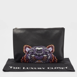 Pre Owned Kenzo Black Tiger Embroidered Leather Zip Flat Pouch