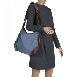 Pre Owned Lancel Metallic Blue Nylon Miss Bowling Hobo