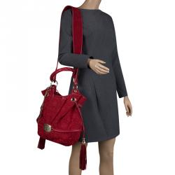 Lancel Red Alcantara Embroidered Le Brigitte Bardot Bucket Bag