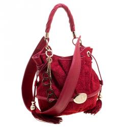 Lancel Red Alcantara Embroidered Le Brigitte Bardot Bucket Bag