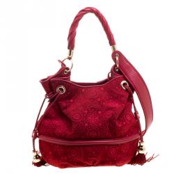 Lancel Red Alcantara Embroidered Le Brigitte Bardot Bucket Bag