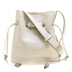 Lancel Off White Croc Embossed Leather Drawstring Bucket Bag