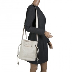 Lancel Off White Croc Embossed Leather Drawstring Bucket Bag