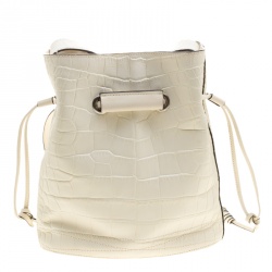 Lancel Off White Croc Embossed Leather Drawstring Bucket Bag