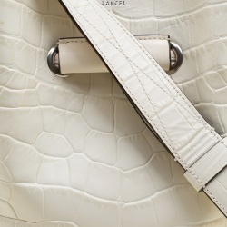 Lancel Off White Croc Embossed Leather Drawstring Bucket Bag