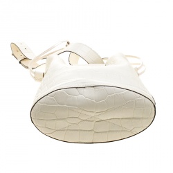 Lancel Off White Croc Embossed Leather Drawstring Bucket Bag