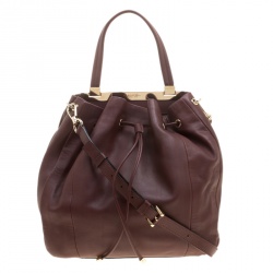 Lancel Burgundy Leather Drawstring Bucket Tote