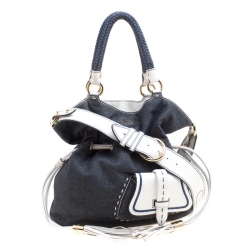 Pre Owned Lancel Blue/White Denim and Leather Premiere Flirt Bucket Shoulder Bag
