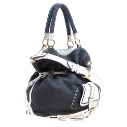 Pre Owned Lancel Blue/White Denim and Leather Premiere Flirt Bucket Shoulder Bag