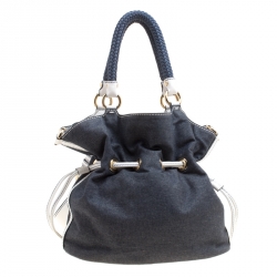 Pre Owned Lancel Blue/White Denim and Leather Premiere Flirt Bucket Shoulder Bag