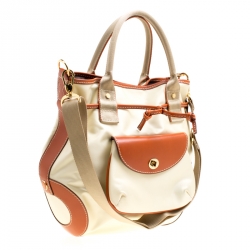 Lancel Beige/Brown Nylon And Leather Top Handle Bag