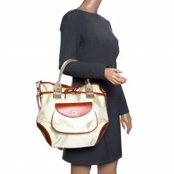 Lancel Beige/Brown Nylon And Leather Top Handle Bag