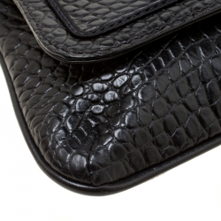 Pre Owned Lancel Black Croc Embossed Leather Flirt Clutch