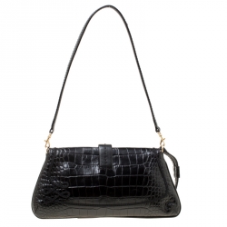 Pre Owned Lancel Black Croc Embossed Leather Flirt Clutch