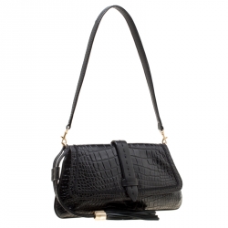 Pre Owned Lancel Black Croc Embossed Leather Flirt Clutch