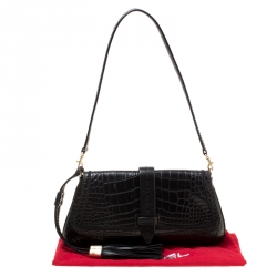 Pre Owned Lancel Black Croc Embossed Leather Flirt Clutch